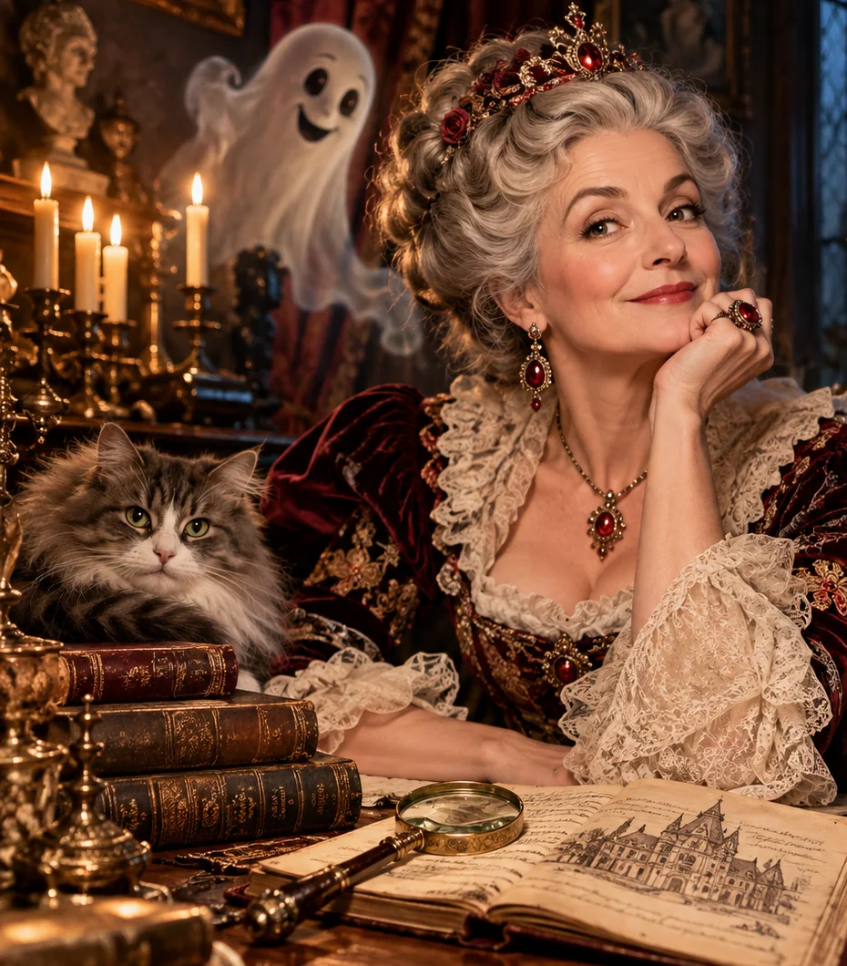 Portrait officiel d’Hortense de Bellebrume, duchesse au sourire malicieux, dans son manoir